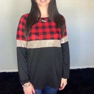 Long sleeve buffalo plaid sequin top shirt sweater